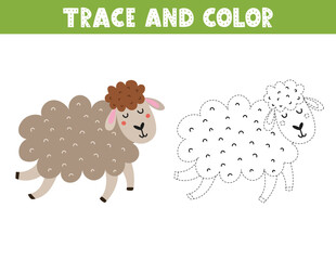 Trace and color game for kids with a cute sheep. Activity page with a funny farm animal. Great for coloring book. Vector illustration