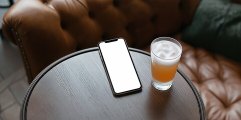 A cell phone is sitting on a table next to a glass of beer. The scene is casual and relaxed, with the phone and glass of beer being the main focus