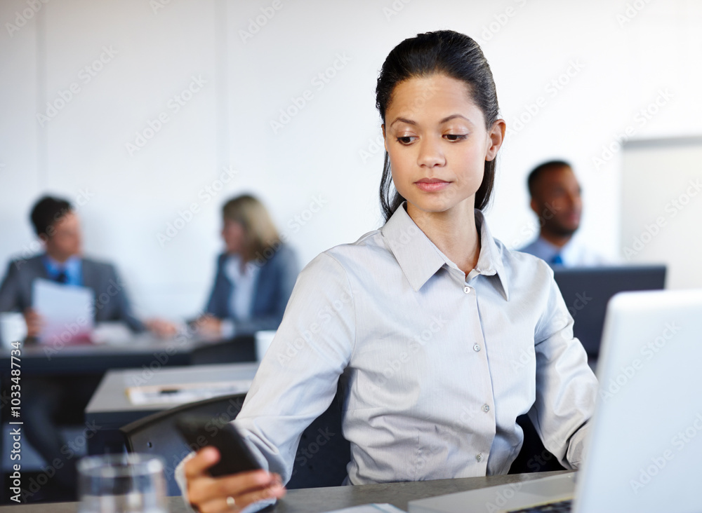 Poster business woman, phone and laptop in office for research, communication and networking clients. emplo