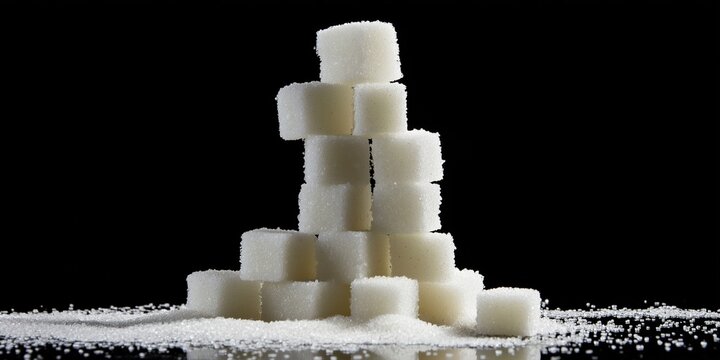 A pile of sugar cubes on a black background. Concept of abundance and indulgence, as the sugar cubes are piled high and seem to be overflowing. The black background adds a sense of contrast