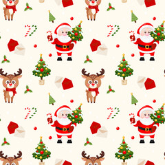 Seamless pattern with Cute Santa Claus, reindeer, Christmas tree, candy cane and holly on beige background. Merry Christmas. Design for print, wrapping paper, textile, fabric, wallpaper