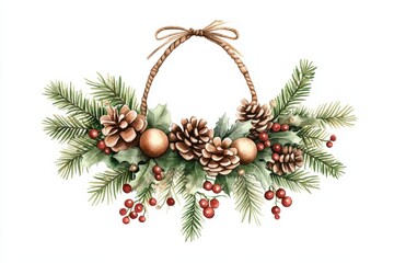 Festive Christmas wreath with pine cones, greenery, and berries on a white isolate background.