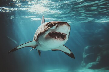 Fototapeta premium Great white shark swimming in clear blue ocean water.