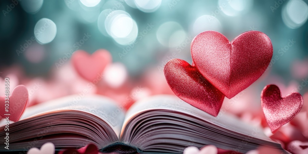 Poster valentine's day backdrop featuring an open book with heart-shaped pages.