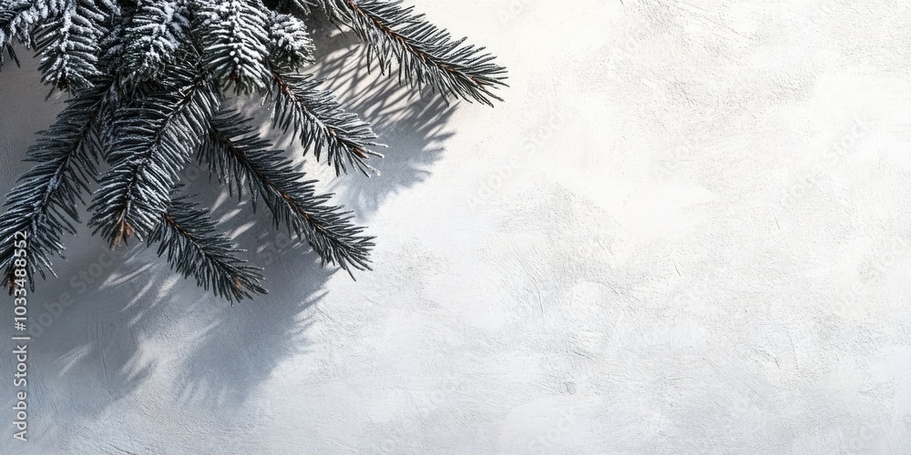 Poster shadow of a christmas tree branch on a white-gray textured surface of a wall or table. space for tex