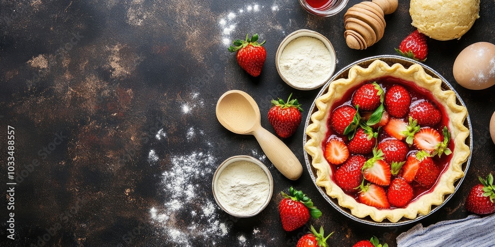 Poster bakery backdrop. strawberry pie recipe. unprocessed ingredients for preparing a strawberry pie or ca