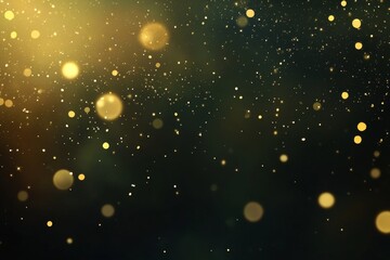 Abstract background with bokeh lights and golden dust particles floating in a dark space.