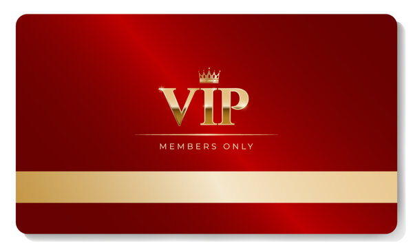 Premium VIP card in red color with golden crown and other elements. Luxury design. Vector illustration