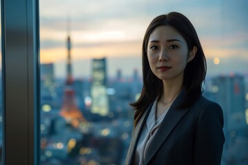 Young businesswoman is posing for a portrait in a skyscraper with the tokyo skyline in the background