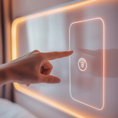 Person using smart technology to control lighting in modern room, ambient lighting effect.