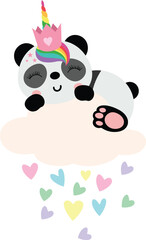 Unicorn princess panda on cloud with hearts