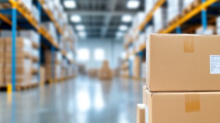 Naklejka premium A close-up of cardboard boxes in a modern warehouse, showcasing organized storage and logistics in a professional setting.