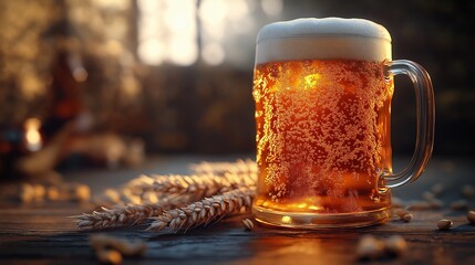 Frosty beer mug with golden ale and wheat grains on rustic wooden table in warm autumn sunlight, perfect for Oktoberfest, bar promotions, or craft beer advertisements