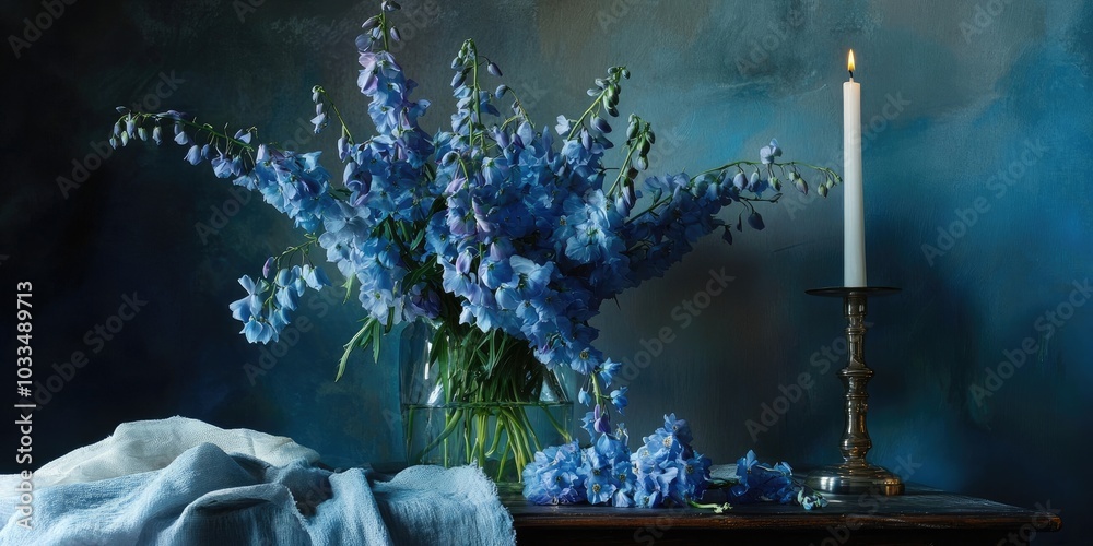 Poster tall blue delphinium flowers are arranged in a vase on the table alongside a candlestick and a fabri