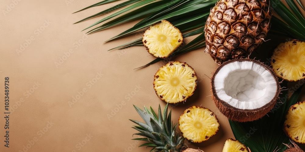 Poster tropical fruits, including coconuts and pineapple, are arranged on a craft brown background. this cr