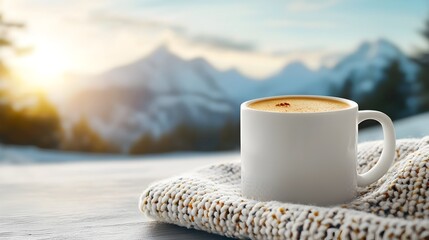 Close up of a warm comforting coffee mug resting on a soft cozy blanket with a double exposure silhouette of snowy mountains in the background creating a serene peaceful and atmospheric winter scene