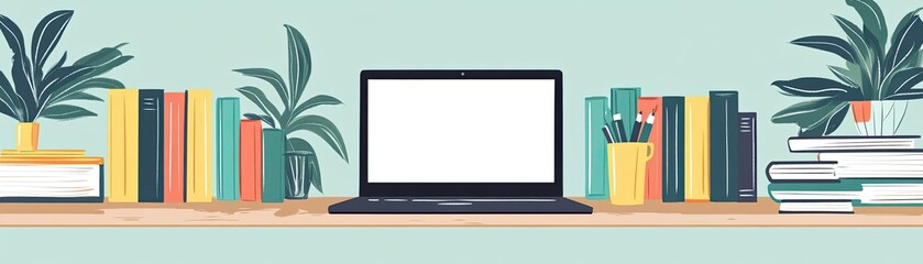 A laptop on a desk surrounded by books, representing a remote worker juggling tasks and responsibilities