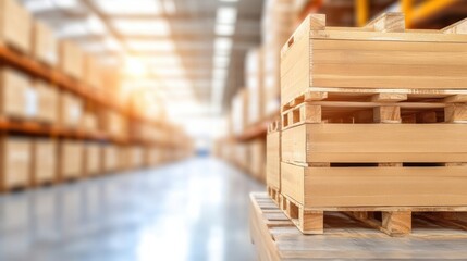 Obraz premium A close-up view of wooden pallets in a spacious warehouse. Perfect for logistics, storage, and supply chain themes.