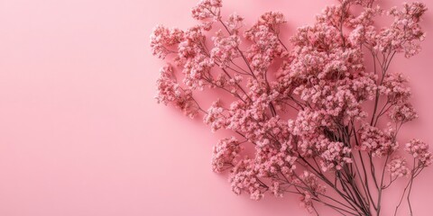 pink dried flowers on a pastel backdrop. minimal flat lay. top view.