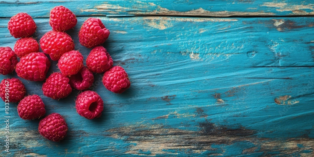 Poster a cluster of raspberries on a vibrant wooden table background. close-up composition with copy space 