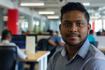 Fototapeta premium Portrait of a confident young sri lankan app developer posing in a modern bright office with his team working in the background
