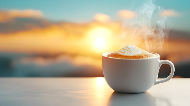 Close up of a creamy swirling latte art in a white ceramic cup with a double exposure silhouette of clouds creating a peaceful and calming atmosphere