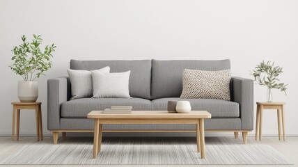 Fototapeta premium Cozy Scandinavian Living Room Featuring a Simple Grey Sofa and Soft Natural Light