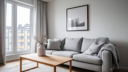 Fototapeta premium Cozy Scandinavian Living Room Featuring a Simple Grey Sofa and Soft Natural Light