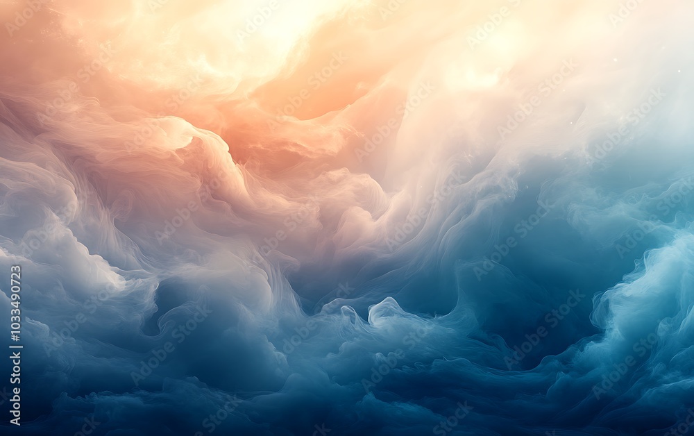 Poster a stunning blend of soft clouds in hues of orange and blue, creating an ethereal atmosphere, reminis