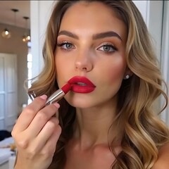 Blong woman applying red lipstick