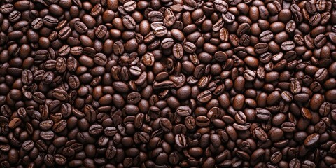Fototapeta premium Top view of brown roasted coffee beans, usable as a background, with copy space for text.