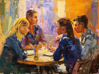 chalk drawing of smiling woman business people enjoying bouquet of flowers, standing in a sunny park. Earth tones, relaxed pose