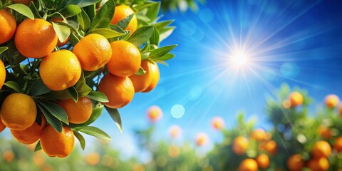 Ripe Seville Oranges on a Tree with Blue Sky - Vibrant Citrus Fruits, Natural Bokeh Background, Freshness, and Copy Space for Text Overlay