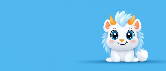 Fototapeta premium A cute cartoon creature with fluffy white fur and orange horns, set against a vibrant blue background, perfect for children's designs.
