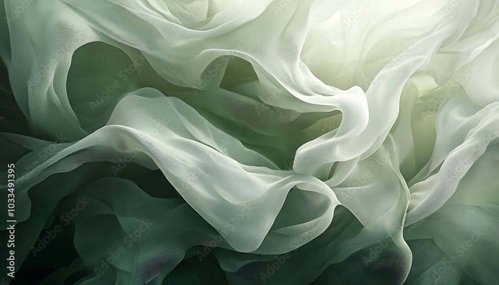 Poster a close-up image of delicate, flowing fabric in soft white and green tones, creating a serene and et