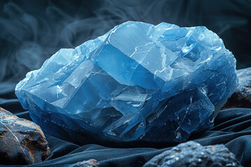 Aquamarine crystal glistens on black velvet under dramatic low key lighting