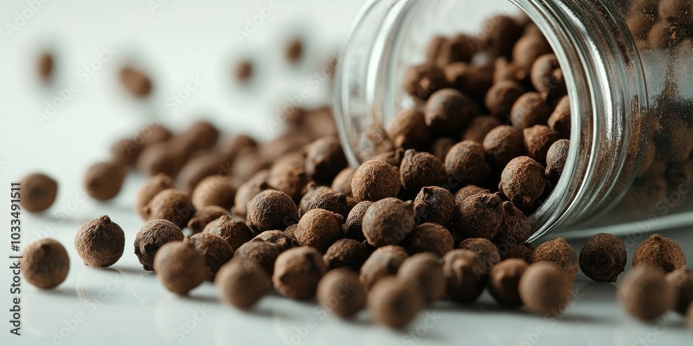 Poster Close-up image of entire allspice spilled from a jar.