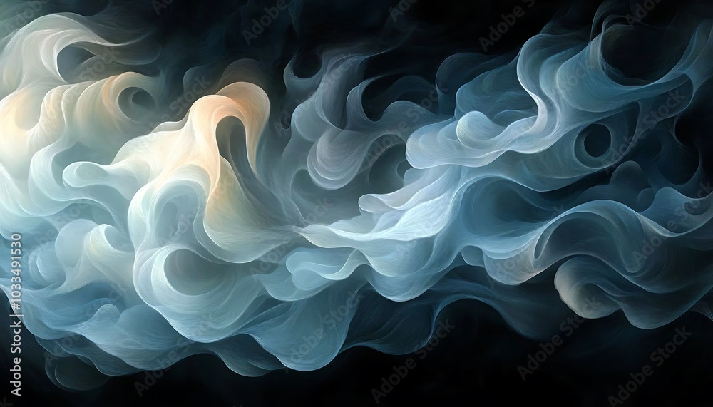 Poster Abstract swirling clouds of blue and soft white against a dark background, creating a misty, ethereal atmosphere.