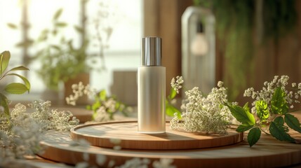 Cream bottle with a silver cap, standing on a wooden tray, surrounded by soft-focus natural elements