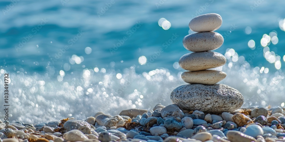 Poster Stacked balanced rocks on a Mediterranean pebble beach with splashing blue waves in the background. Summertime outdoor horizontal closeup image featuring copy space.