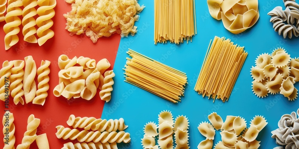 Poster various types of uncooked pasta set against a colored background.