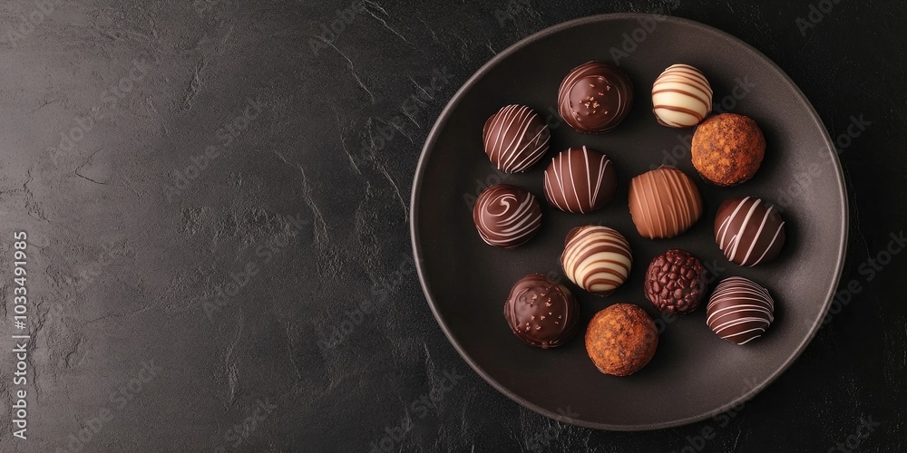 Poster chocolate candies on a plate against a black background with copy space. flat lay, top view.