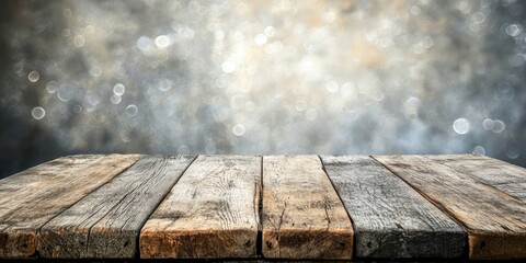 aged wooden tabletop against a grey bokeh background