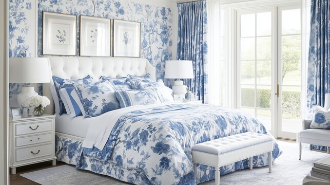 Elegant blue floral bedroom decor with white furniture and natural light