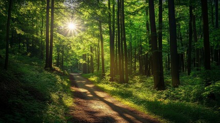 Obraz premium Lush green forest with sunlight filtering through the leaves, casting dappled light on a winding path
