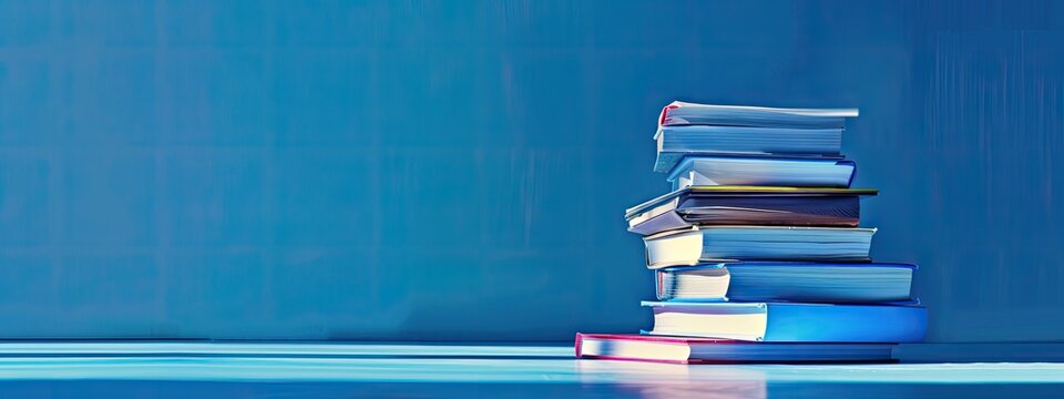Colorful books are beautifully organized on a wooden table