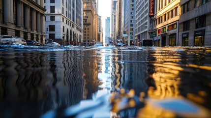 A flooded urban street reflects tall buildings and sunlight, showcasing a surreal cityscape in the aftermath of heavy rain.
