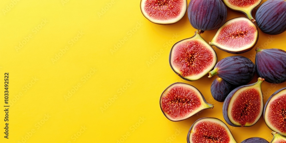 Poster fresh whole and sliced figs on a yellow paper surface with copyspace. food backdrop. top view. flat 