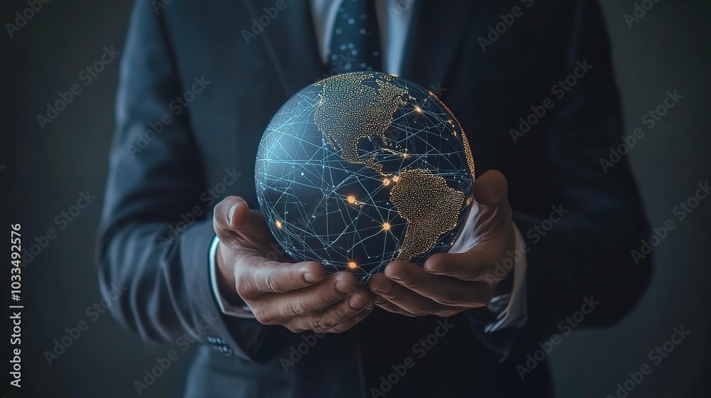 Wall mural Businessman Holding Digital Globe with Network Connections