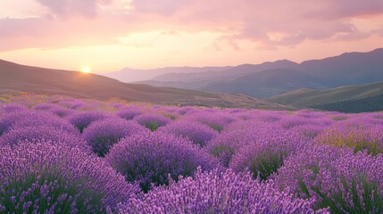 Fototapeta premium Rolling hills covered in lavender fields under a soft, pastel sky at dusk